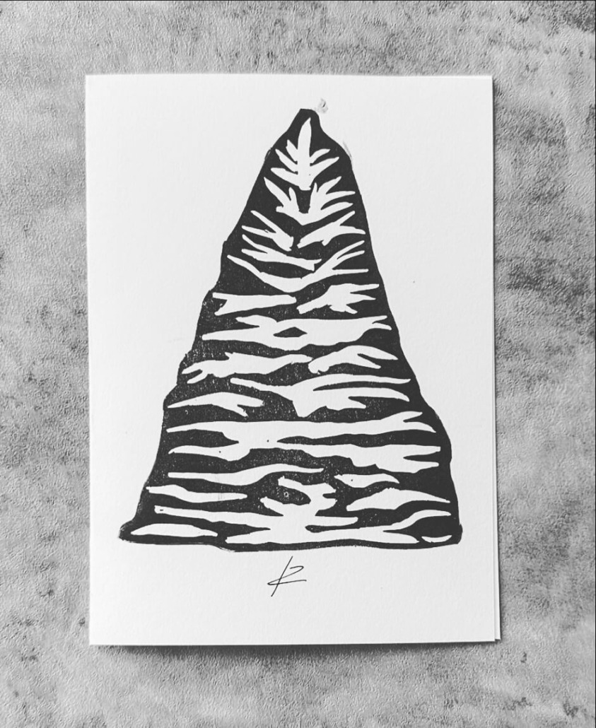 Linoldruck einers Weihnachtsbaums
