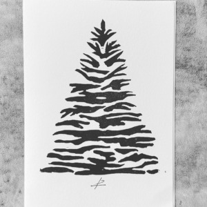 Tannenbaum als Linoldruck. Schwarz weiß